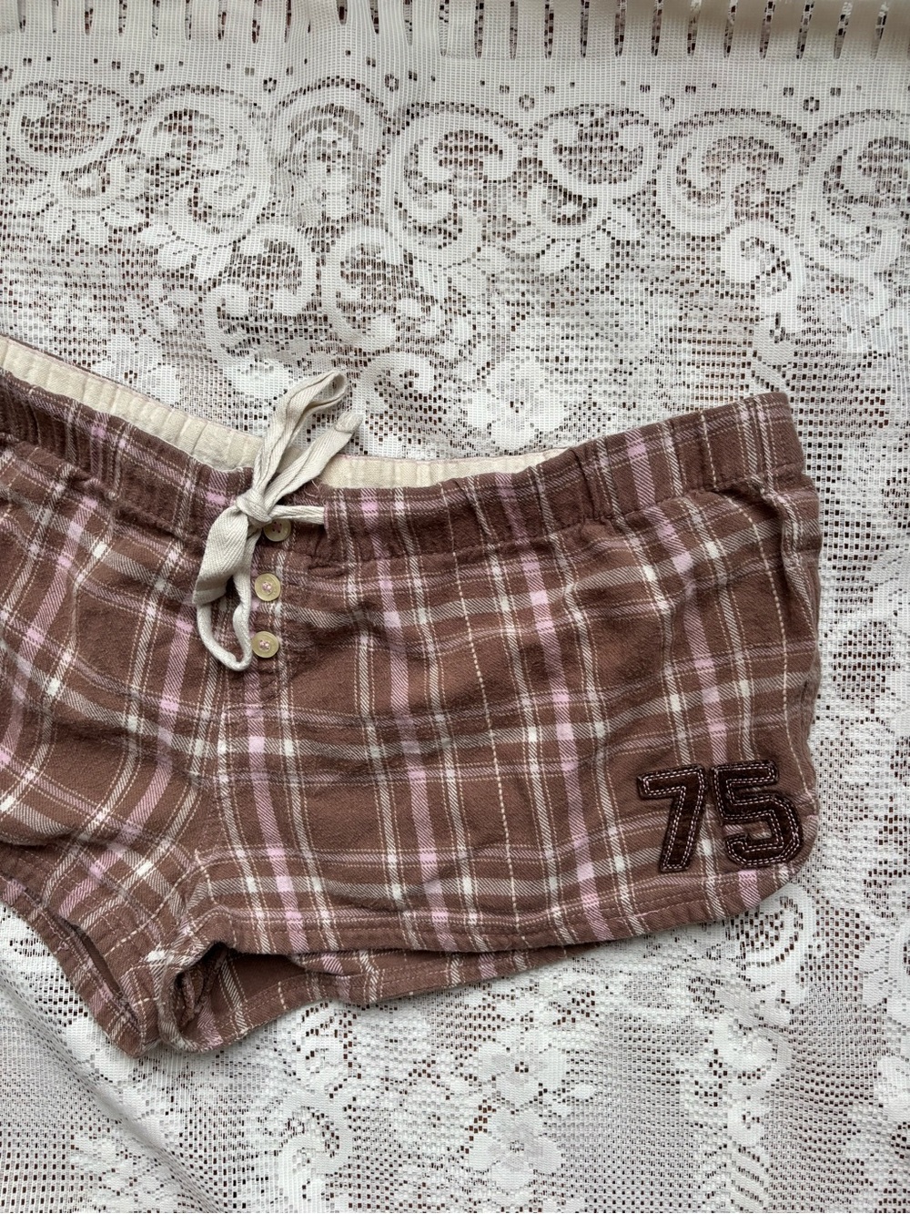 Garage Plaid Lounge Shorts in Brown and Pink, with patch detail